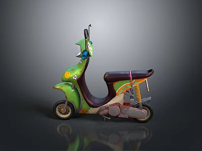Green Motorcycle Scooter With Brown Seat And Decorative Spring Design Elements 3d model