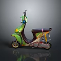 Green Motorcycle Scooter With Brown Seat And Decorative Spring Design Elements