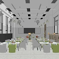 Kindergarten Classroom Interior With White Green Tables Chairs Blackboard And Active Children