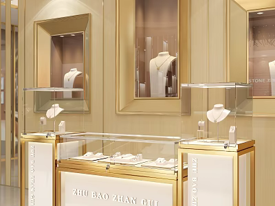 Luxury Jewelry Display Shelves With Golden Frames Glass Showcases And Mannequins 3d model