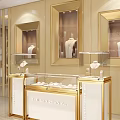 Luxury Jewelry Display Shelves With Golden Frames Glass Showcases And Mannequins