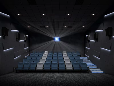 Modern Cinema Interior With Blue Seats Rows And Projector Screen Light 3d model