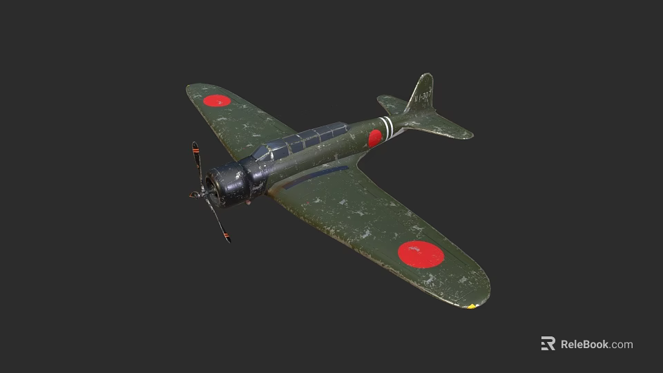 Vintage Green Fighter Plane With Red Circle Markings On Wings Front Propeller And Dark Background 3d model 