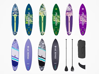 Colorful Stand Up Paddle Boards With Different Designs Paddles And Carry Bag 3d model