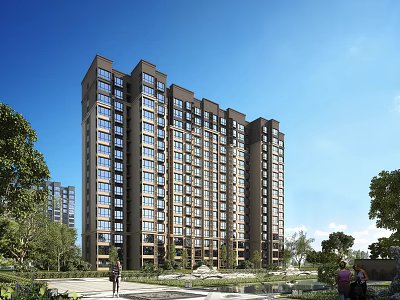 Modern High Rise Residential Building With Green Trees Lawns And Pedestrian Path Under Clear Sky 3d model