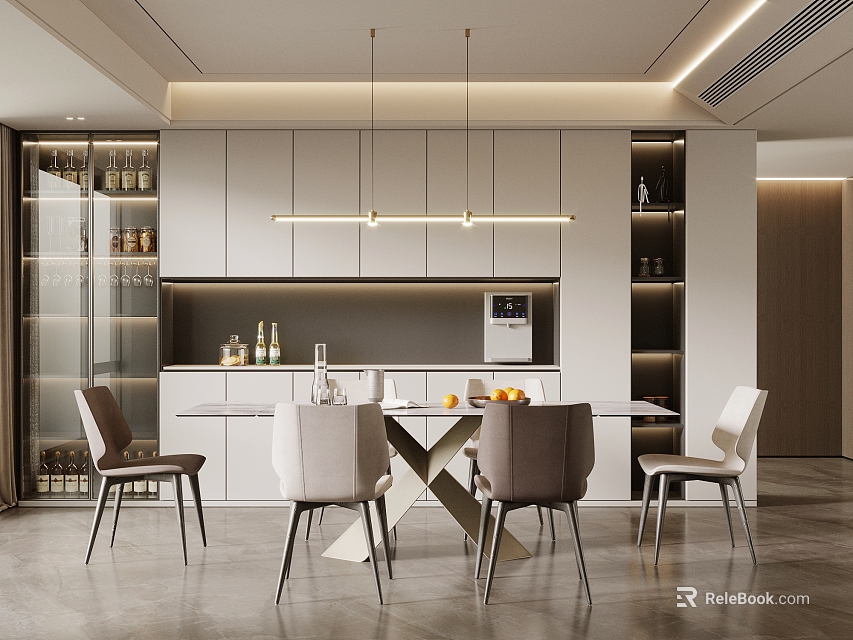 Modern Open Concept Restaurant Interior With Dining Table Chairs Pendant Lights And Cabinets 3d model 