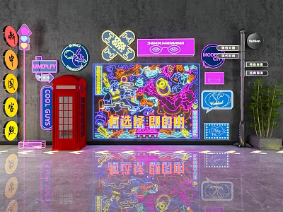 Colorful Neon Decorative Lights Display With Red Telephone Booth Street Signs And Potted Plant 3d model