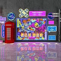Colorful Neon Decorative Lights Display With Red Telephone Booth Street Signs And Potted Plant