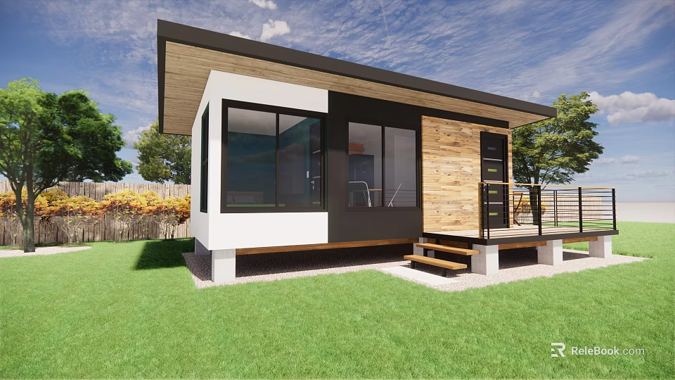 Modern Small House Exterior Design With Wooden White Facade Large Windows And Green Lawn 3d model 