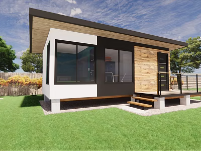Modern Small House Exterior Design With Wooden White Facade Large Windows And Green Lawn 3d model