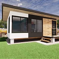 Modern Small House Exterior Design With Wooden White Facade Large Windows And Green Lawn