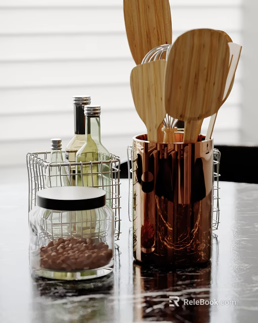 Organized Kitchen Counter With Wooden Utensils Metal Container And Glass Jars 3d model 