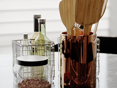 Organized Kitchen Counter With Wooden Utensils Metal Container And Glass Jars 3d model
