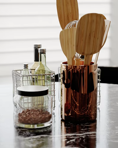 Organized Kitchen Counter With Wooden Utensils Metal Container And Glass Jars 3d model