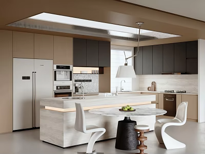 Modern Kitchen With Essential Appliances Marble Island Counter And Cabinets 3d model