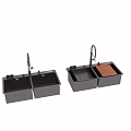 Modern Black Kitchen Sink With Double Bowl Design Wooden Cutting Board And Faucet