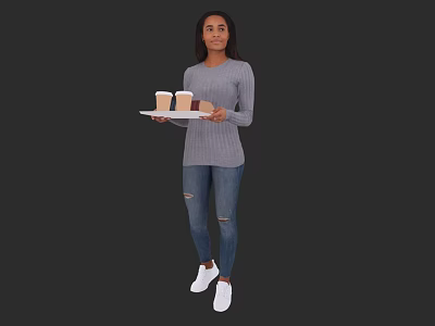 Woman Holding Tray With Coffee Cups And Sandwich In Casual Outfit 3d model