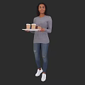 Woman Holding Tray With Coffee Cups And Sandwich In Casual Outfit