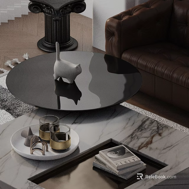 Modern Brown Leather Sofa Coffee Table Set With Black Round Top Cat Figurine And Tray 3d model 