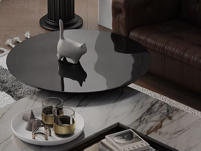 Modern Brown Leather Sofa Coffee Table Set With Black Round Top Cat Figurine And Tray 3d model
