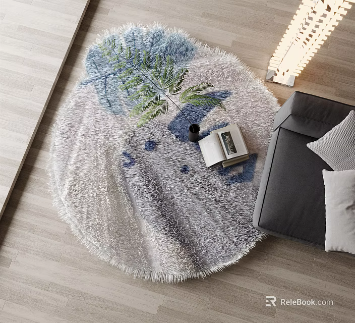 Round Stylish Rug with Palm Leaf Pattern Near Sofa Pillows Floor Lamp and Book 3d model 
