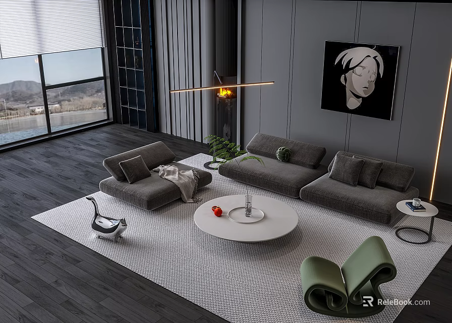 Modern Sofa Coffee Table Set with Round White Top Soft Cushions Scenic Window View 3d model