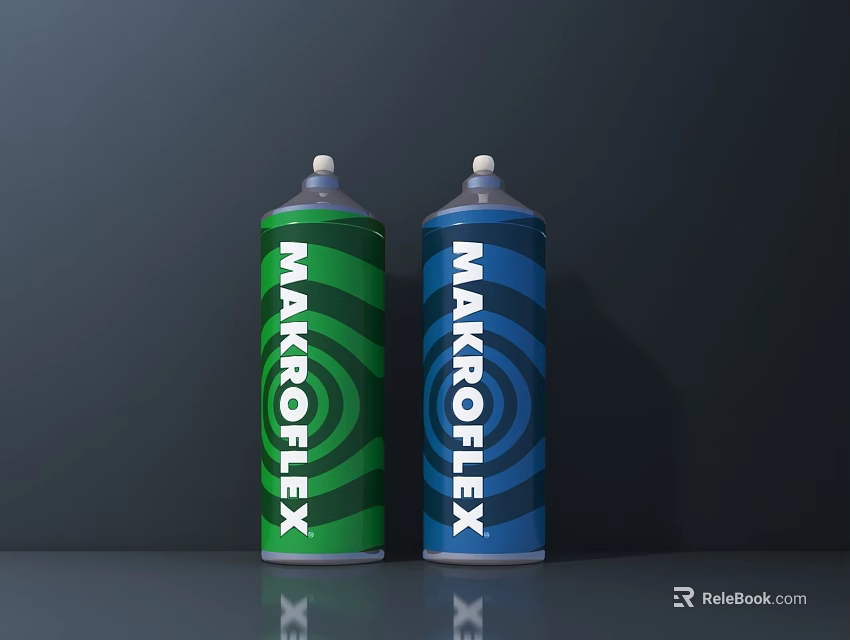 MAKROFLEX Industrial Equipment Spray Cans in Green and Blue with Spiral Patterns 3d model 