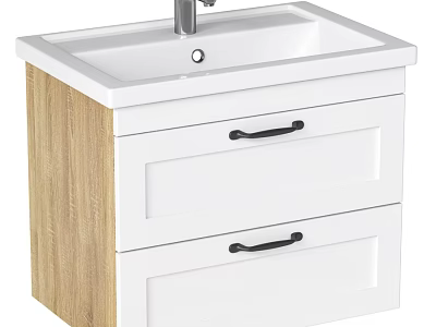 Modern White Vanity Sink Cabinet With Wooden Side Black Handle Drawers And Silver Faucet 3d model