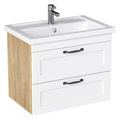 Modern White Vanity Sink Cabinet With Wooden Side Black Handle Drawers And Silver Faucet 3d model