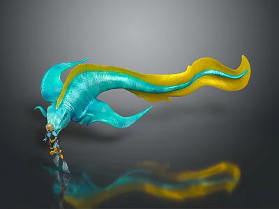 3D Mythical Creature With Blue Green Yellow Long Tail And Shiny Surface Reflection 3d model