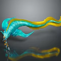 3D Mythical Creature With Blue Green Yellow Long Tail And Shiny Surface Reflection