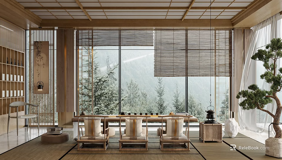 Japanese Tea Room Interior With Wooden Ceiling Bamboo Blinds Large Windows And Mountain View 3d model 