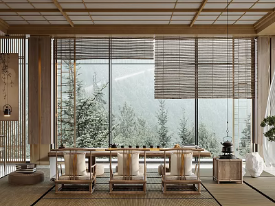 Japanese Tea Room Interior With Wooden Ceiling Bamboo Blinds Large Windows And Mountain View 3d model