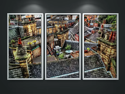Detailed Urban Landscape Painting Triptych Featuring Rooftops Buildings Chimneys Stairs And Green Plants 3d model