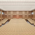 Large Conference Room Interior With Red Stage Arranged Seats And Posters On Both Sides