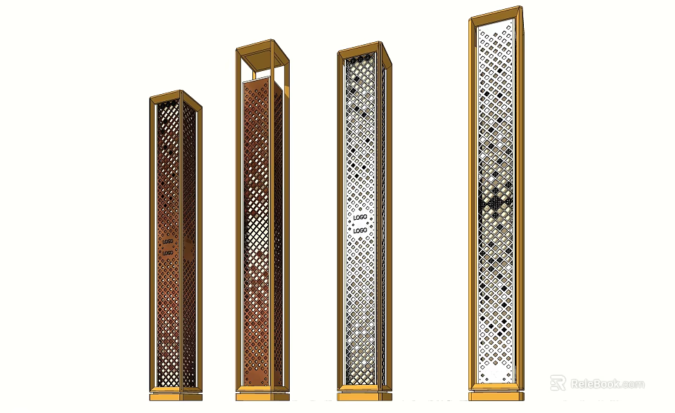 Modern Perforated Column Outdoor Lights With Stylish Gold Frames And Decorative Patterns 3d model