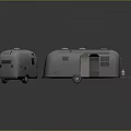 Gray Camping Trailer With Windows And Open Door In Two Views
