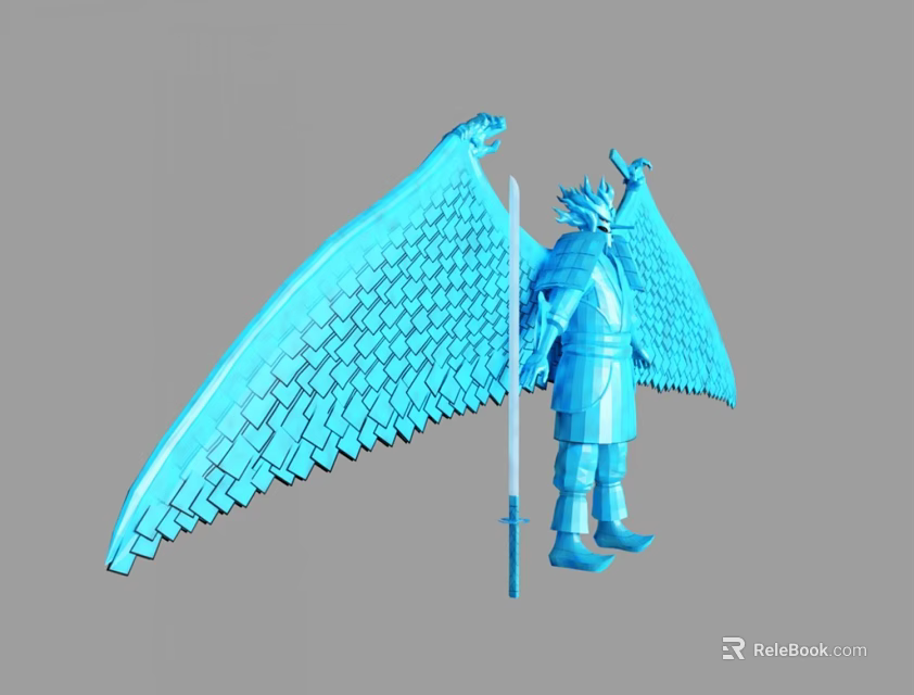Game And Movie Character 3D Model With Blue Wings Armor Horned Helmet And Spear 3d model 