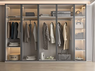Modern Wardrobe Interior With Hanging Clothes Bags Folded Garments Shoes And Built In Lighting 3d model