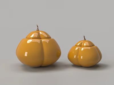 Two Yellow Pumpkin Shaped Ceramic Vessels With Smooth Glossy Finish And Lids 3d model
