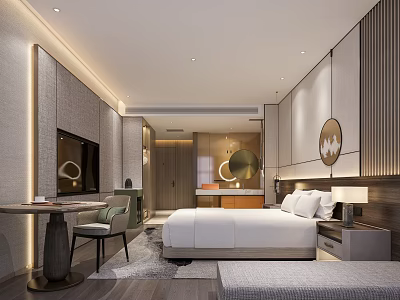 Elegant Modern Hotel Room Interior With King Bed TV Armchair And Decorative Elements 3d model