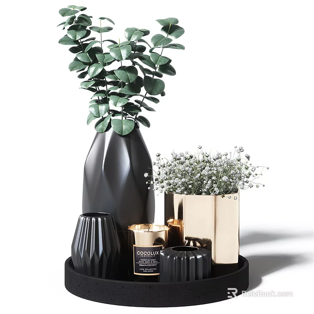 Modern Minimalist Decorative Ornament Set With Black Gold Vases And Green Plants 3d model 