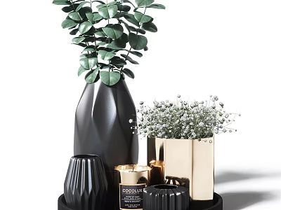 Modern Minimalist Decorative Ornament Set With Black Gold Vases And Green Plants 3d model