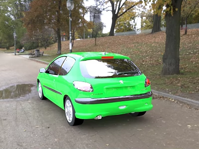 Green Hatchback Car Parked On Roadside With Trees Autumn Leaves And Park Background 3d model