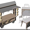 Garden Ornaments with Wooden Cart Wheels Gray Roof Yellow Lanterns Foldable Table Chairs and Boxes