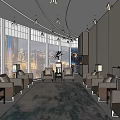 Spacious Hotel Public Lounge With Large Windows City View Comfortable Sofa Seats And Modern Chandeliers
