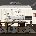 Modern Kitchen Interior With White Cabinets Dining Table Chairs And Chandelier 3d model