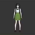 3D Character Girl With Long Black Hair White Shirt Green Pleated Skirt And Red Shoes