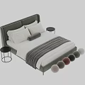 White and Orange Headboard Double Bed with Pillows Striped Blanket and Nightstand