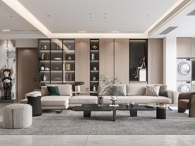 Modern Living Room Interior With Beige Sofa Coffee Table Bookshelf And Area Rug 3d model